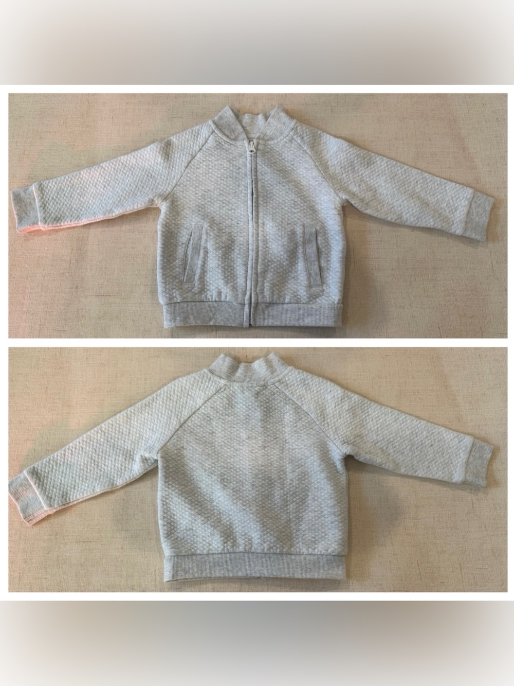 EUC, Janie and Jack Light Gray Quilted Zip-Up Sweatshirt Jacket, Size 18 - 24 M